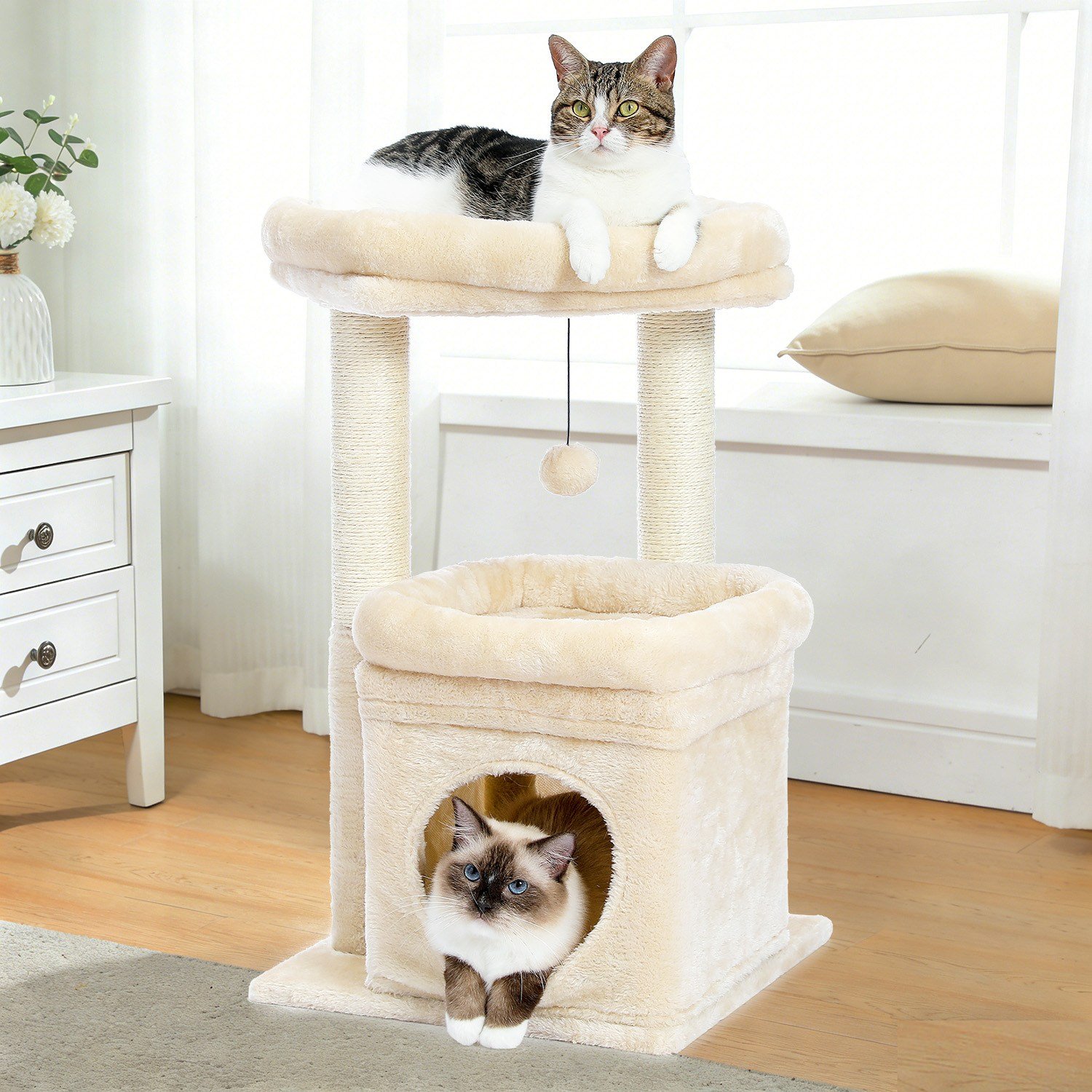 PAWZ Road 3단 소형 캣타워 고양이 하우스 낮은 플랫폼 숨숨집 기둥형 스크래쳐 패브릭 68cm, 1개, 베이지할인· 5일 남음 상세 이미지 1